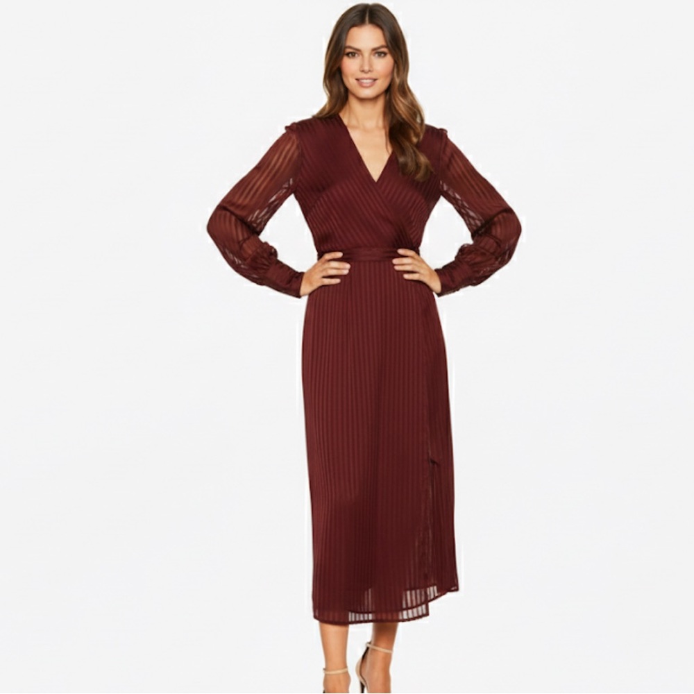 Bardot Sheer Striped Burgundy Wrap Dress Maxi Length Size Small